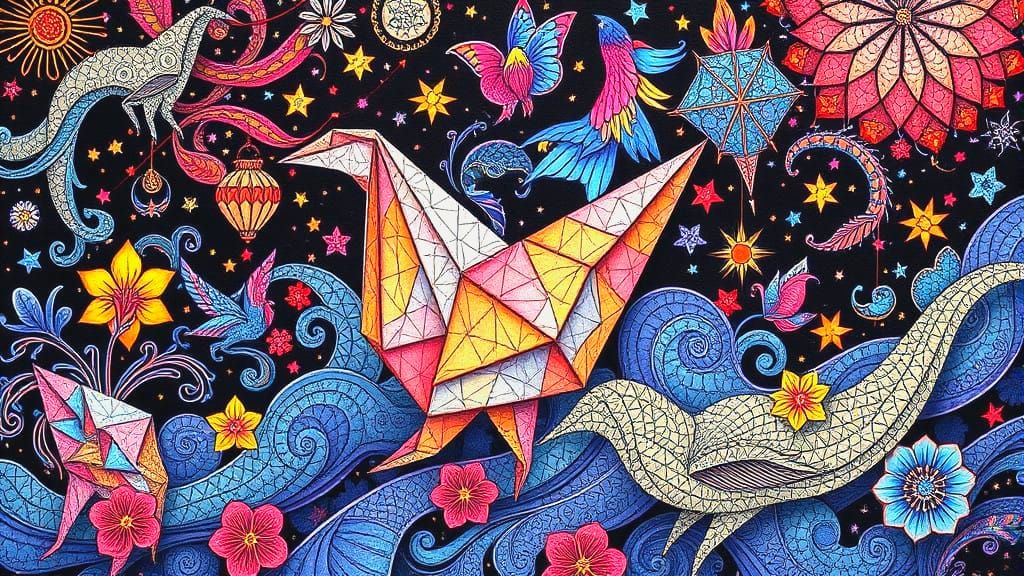 Origami Fantasy Art with Magical Scintillating Patterns