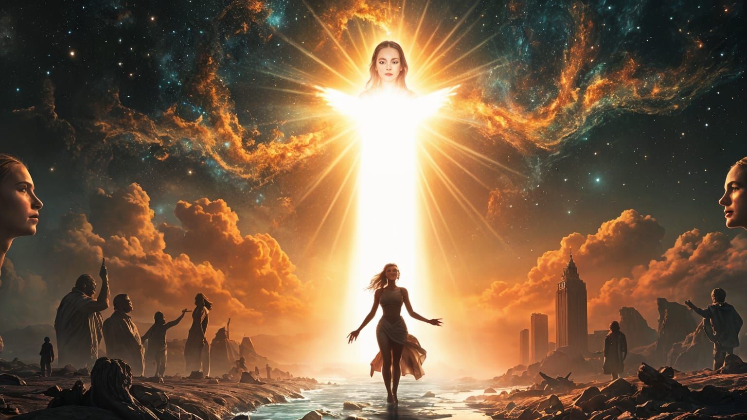 Radiant Being Emerges from Cosmic Graffiti in Urban Ruin