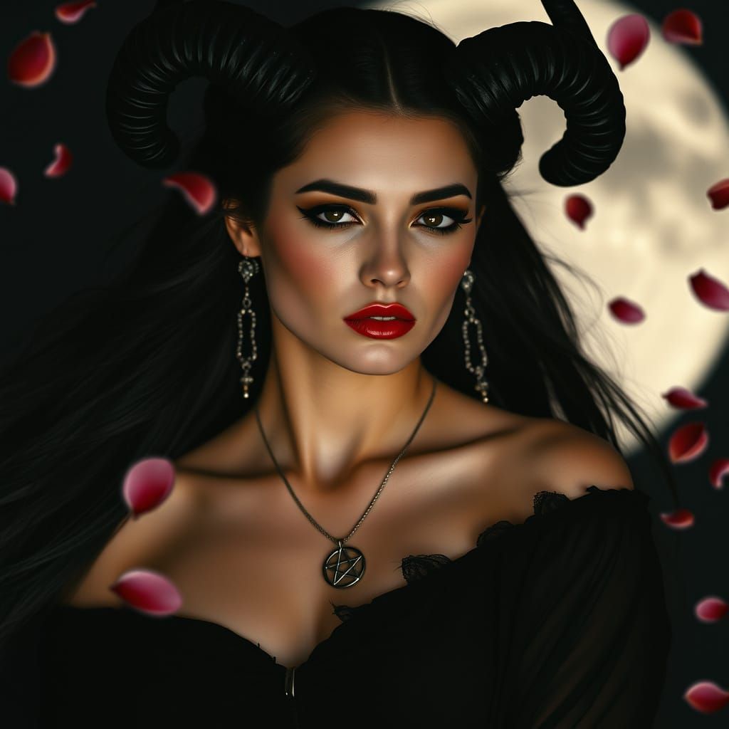 Goddess with Black Hair and Horns in Cinematic Style
