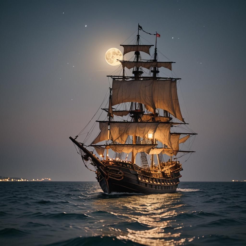 Pirate Ship at Night Under Full Moon
