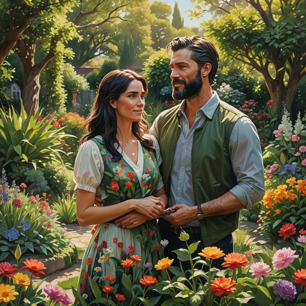 Family Portrait in Sunlit Garden: Oil Painting