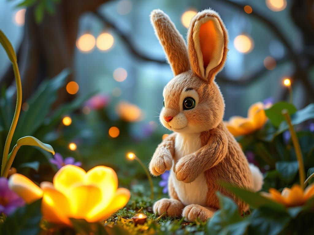 Cuddly Plush Bunny in Whimsical Fairy Garden