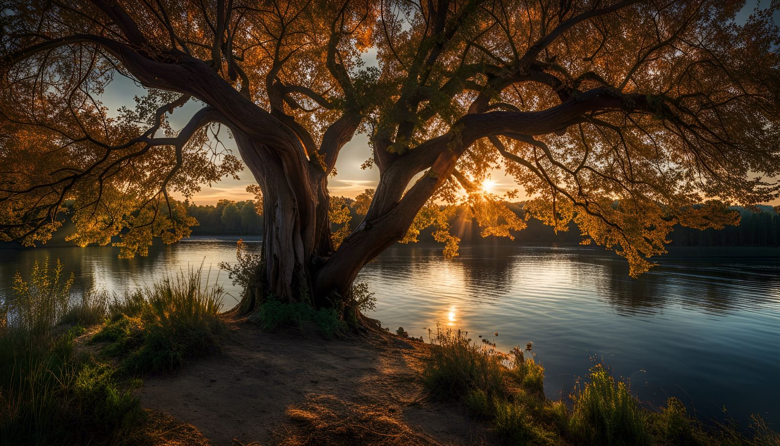 Lake Tree: Summer to Autumn in Hyperrealistic Watercolor