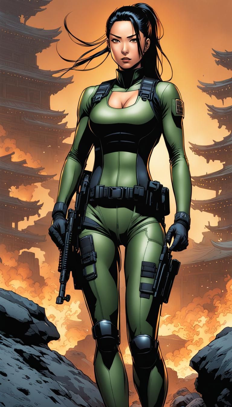 Japanese Female Commando in Stealth Suit: Comic Book Art