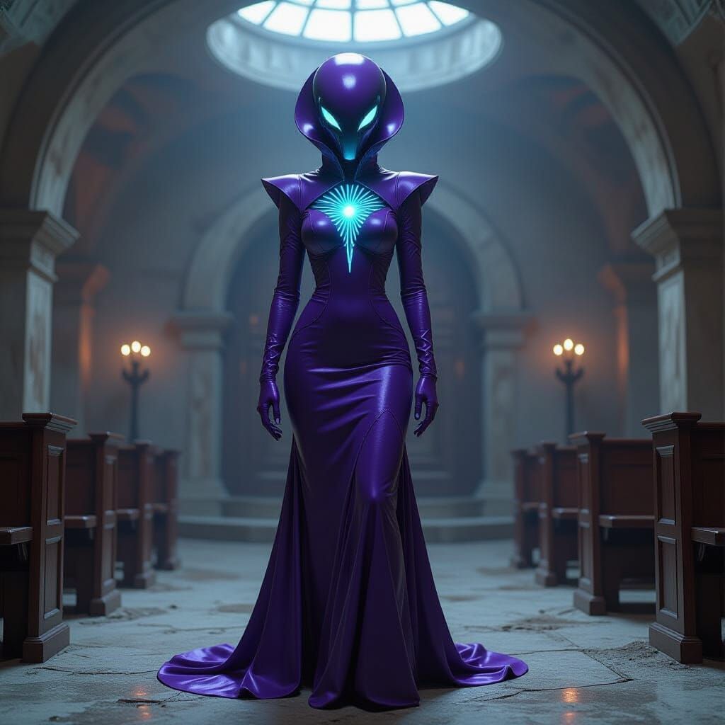 Xenomorph Trans Woman in Candlelit Courtroom