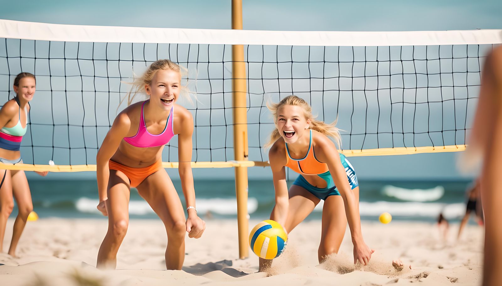 Smiling Girls Play Beach Volleyball in Swimwear