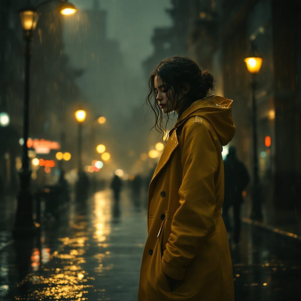 Melancholic Woman in Yellow Raincoat Amidst City Rain