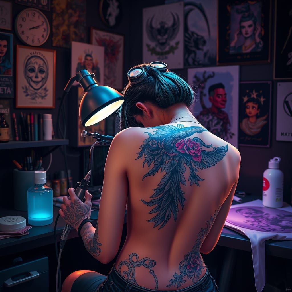 Tattoo Artist at Work in a Fantastical Studio