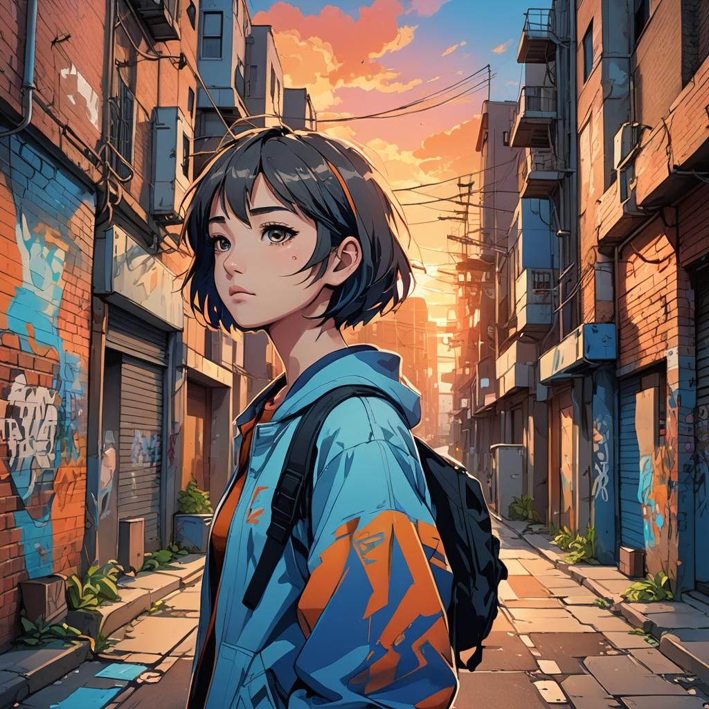 Anime Girl in City Alleyway at Sunset
