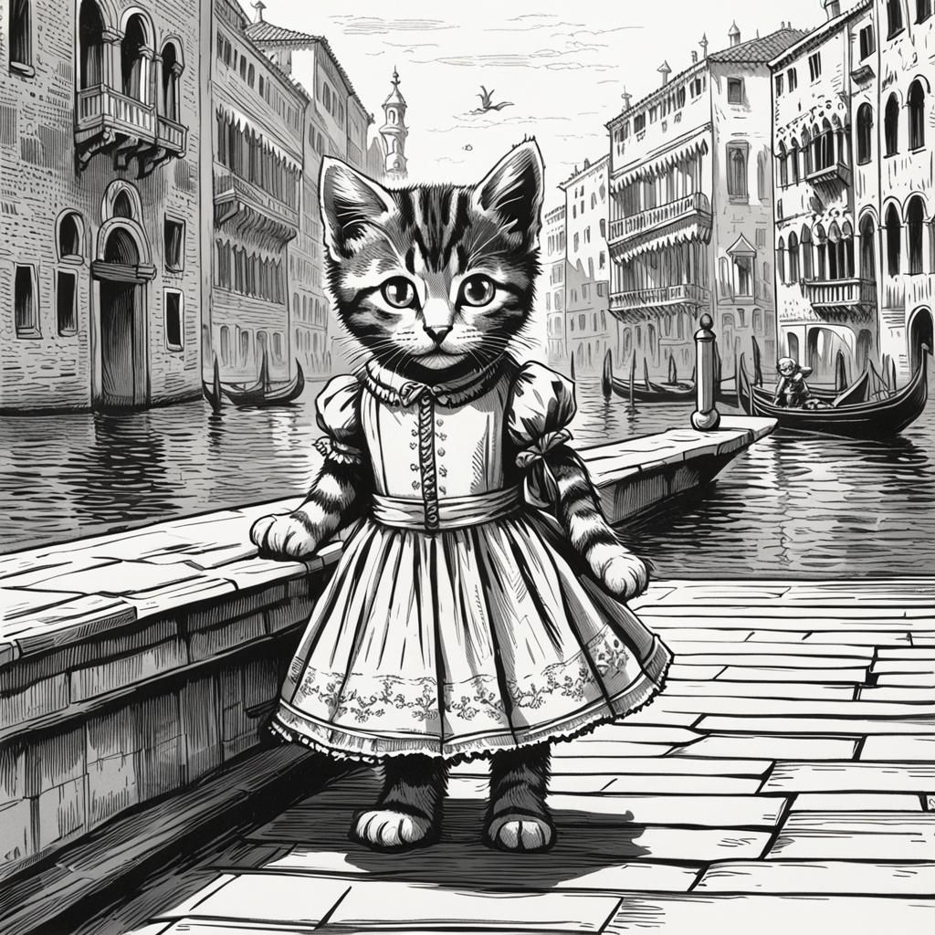 Kitten Visits Venice: A Tenniel-Style Drawing
