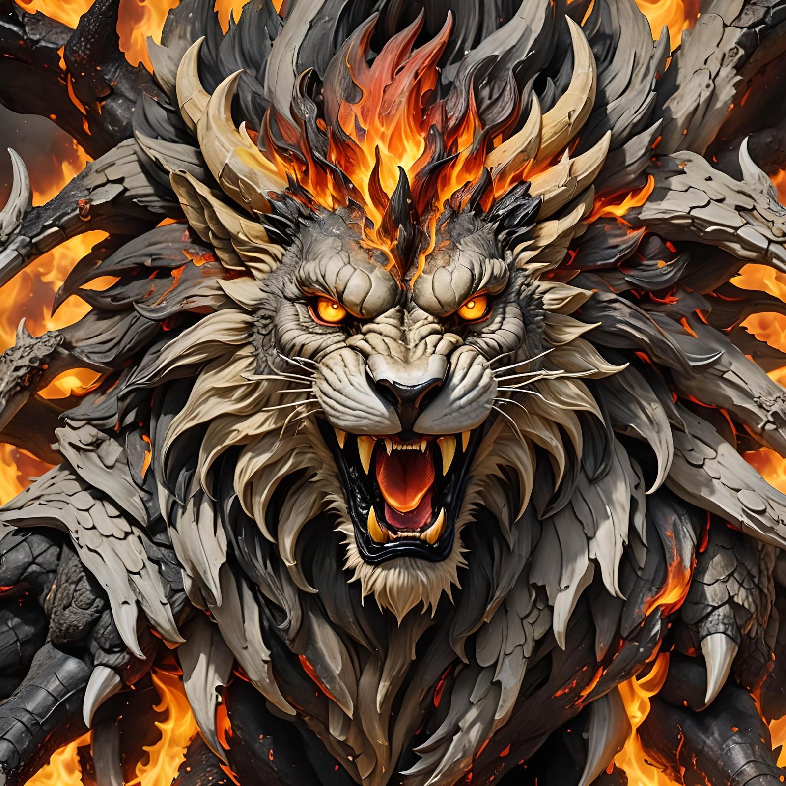 Fiery Lion-Dragon Roars in the Night Sky