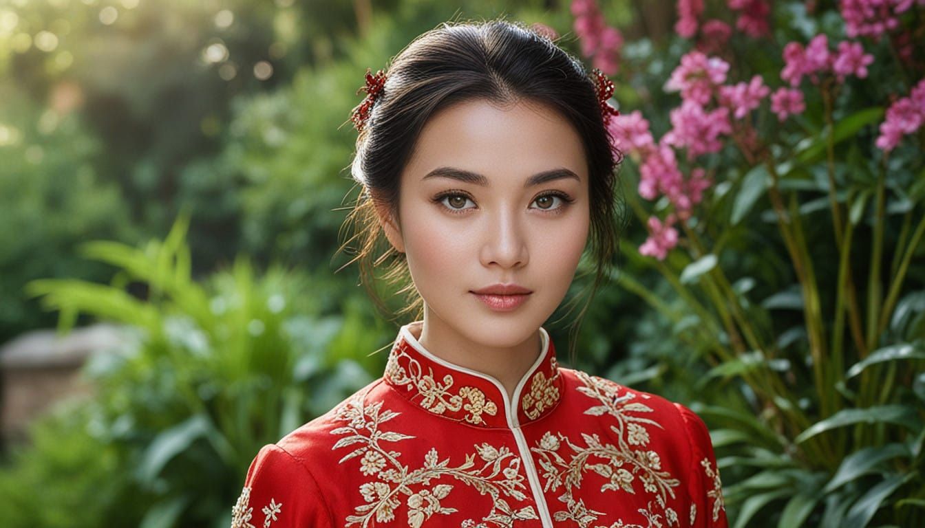 Traditional Chinese Beauty in a Serene Garden Setting