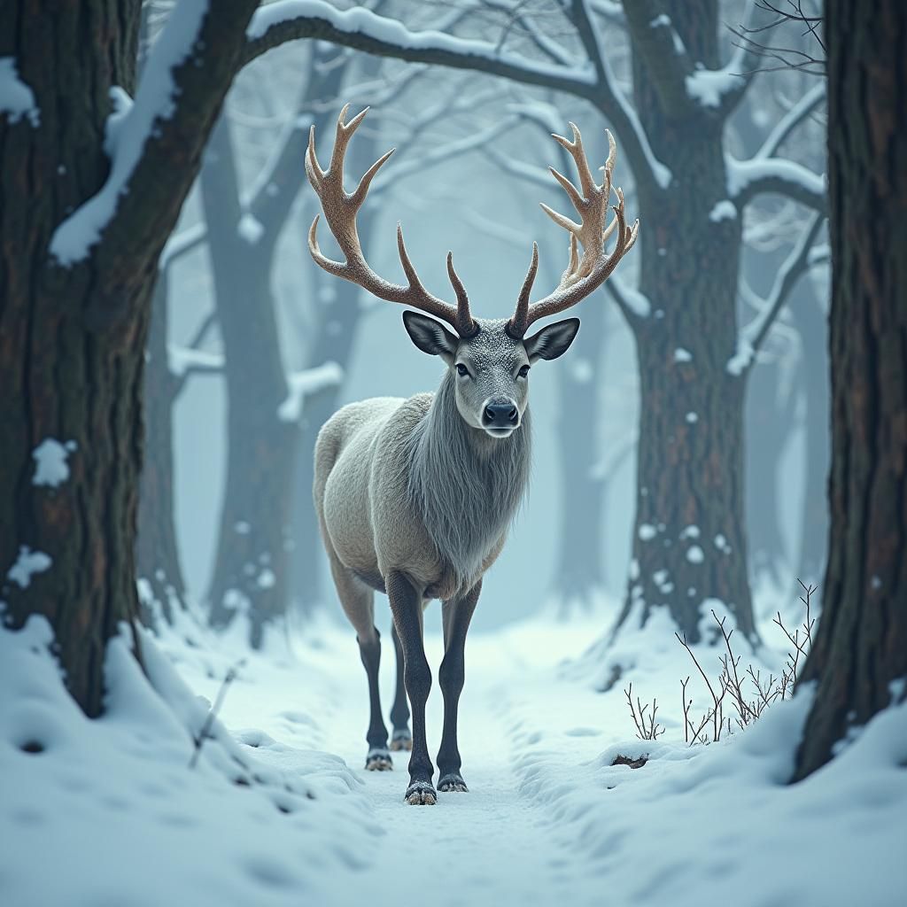 Mystical Half-Deer Man in Snowy Forest