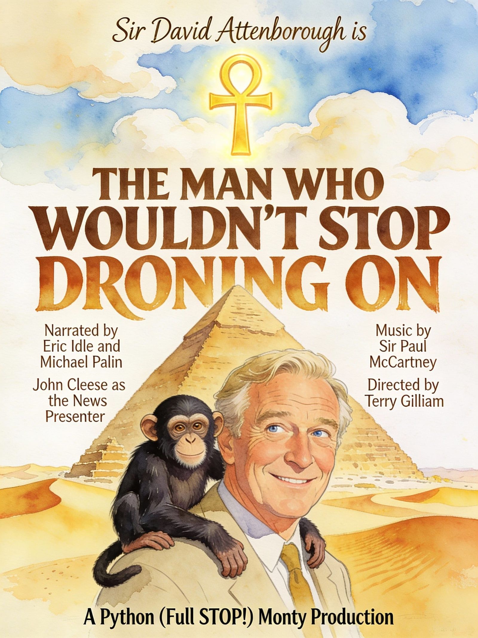 Attenborough Movie Poster in 1970s Watercolor Style