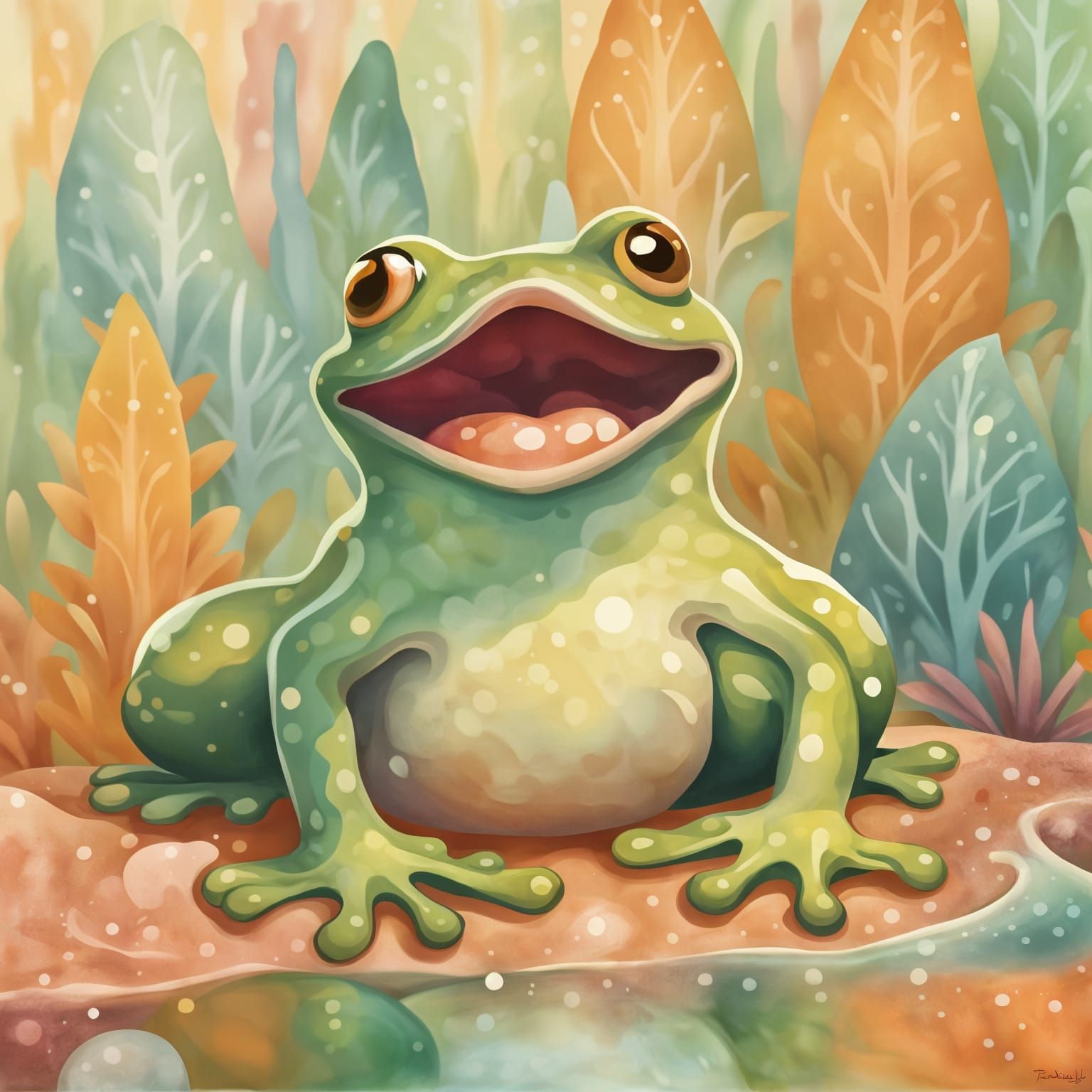 Surprised Frog in Fuzzy Impressionistic Pastel Scene
