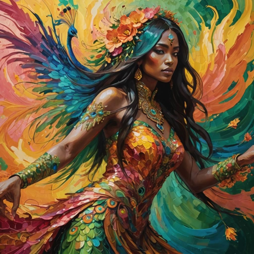 Dragon Peacock Woman in Abstract Expressionist Style
