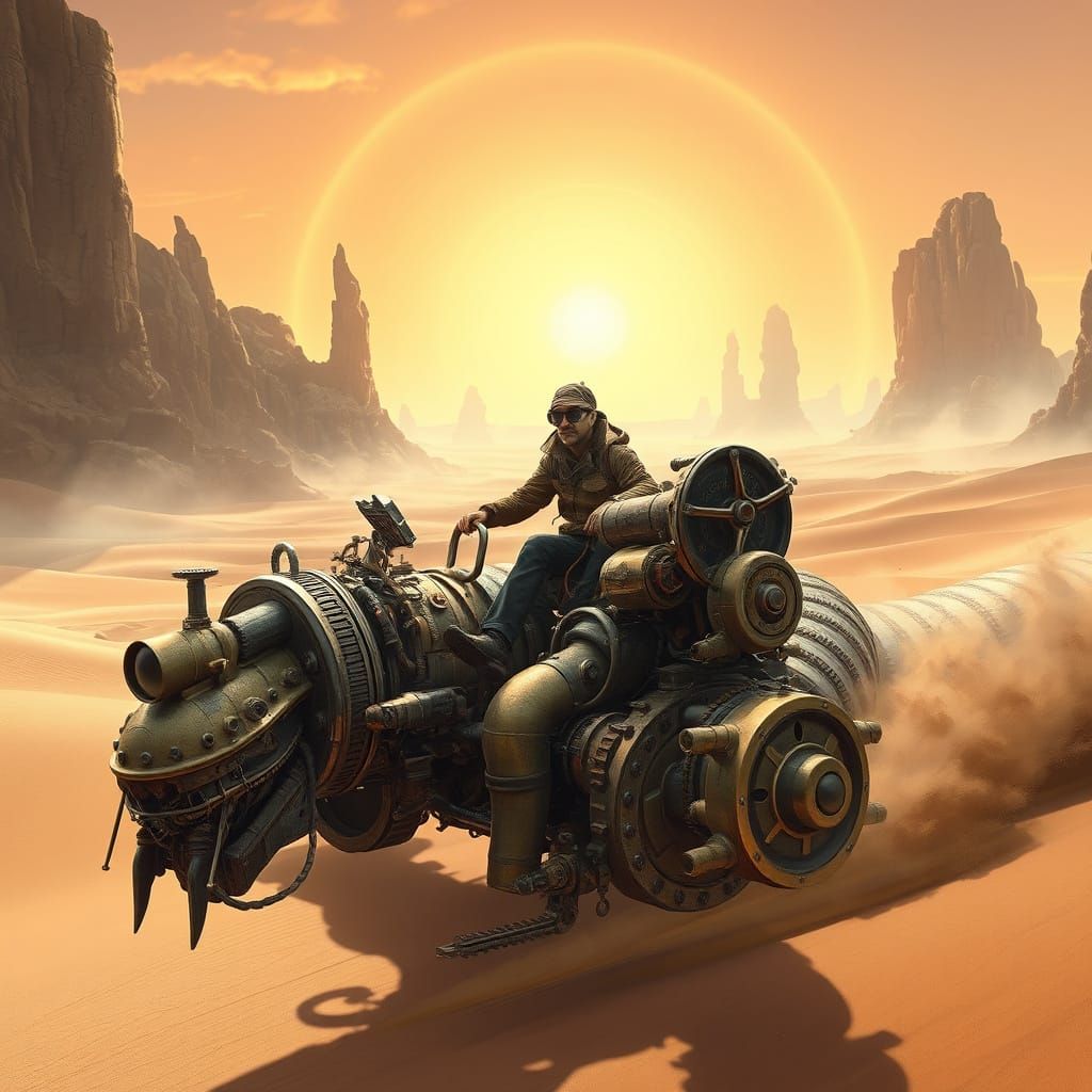 Steampunk Explorer on Mechanical Sandworm in Desert