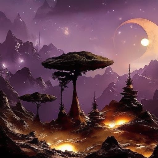 Starry Sky Bonsai Village Under Crescent Moon