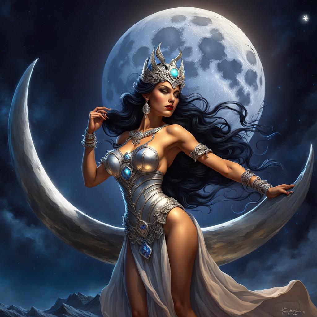Moon Goddess with Silver Features in Fantasy Art Style