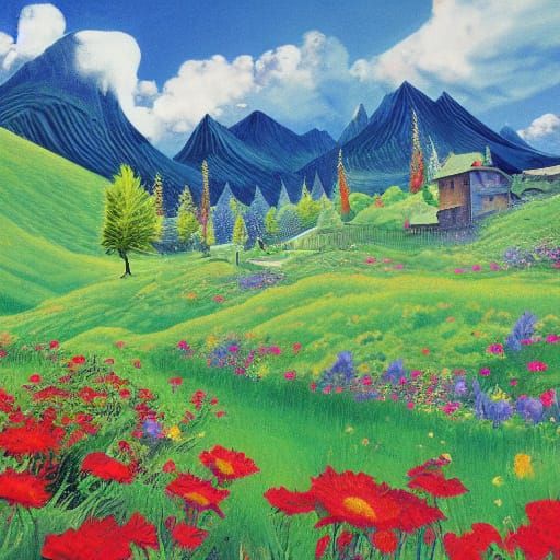 Surreal Alpine Flowers Bloom in Vibrant Anime Style