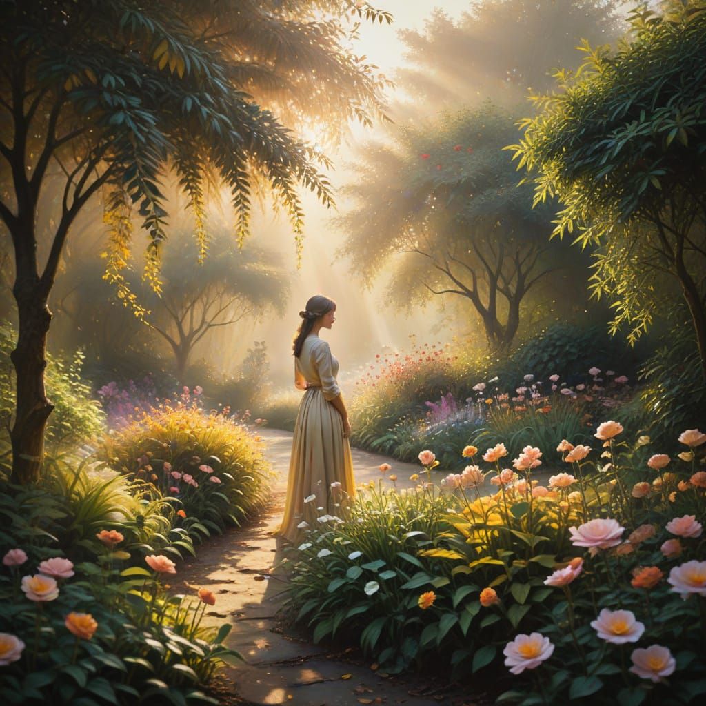 Serene Garden Scene in Vibrant Surrealist Oil Painting