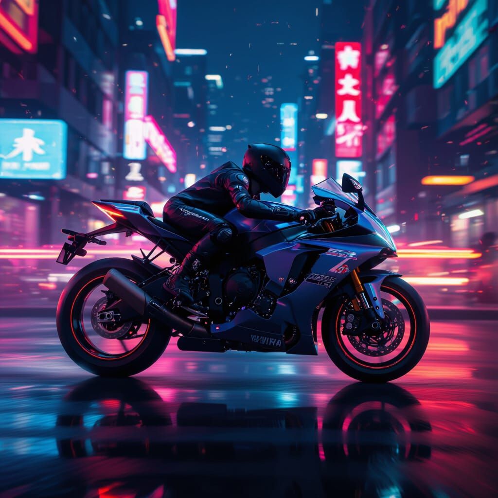 Yamaha Motorcycle Speeds Through Neon City