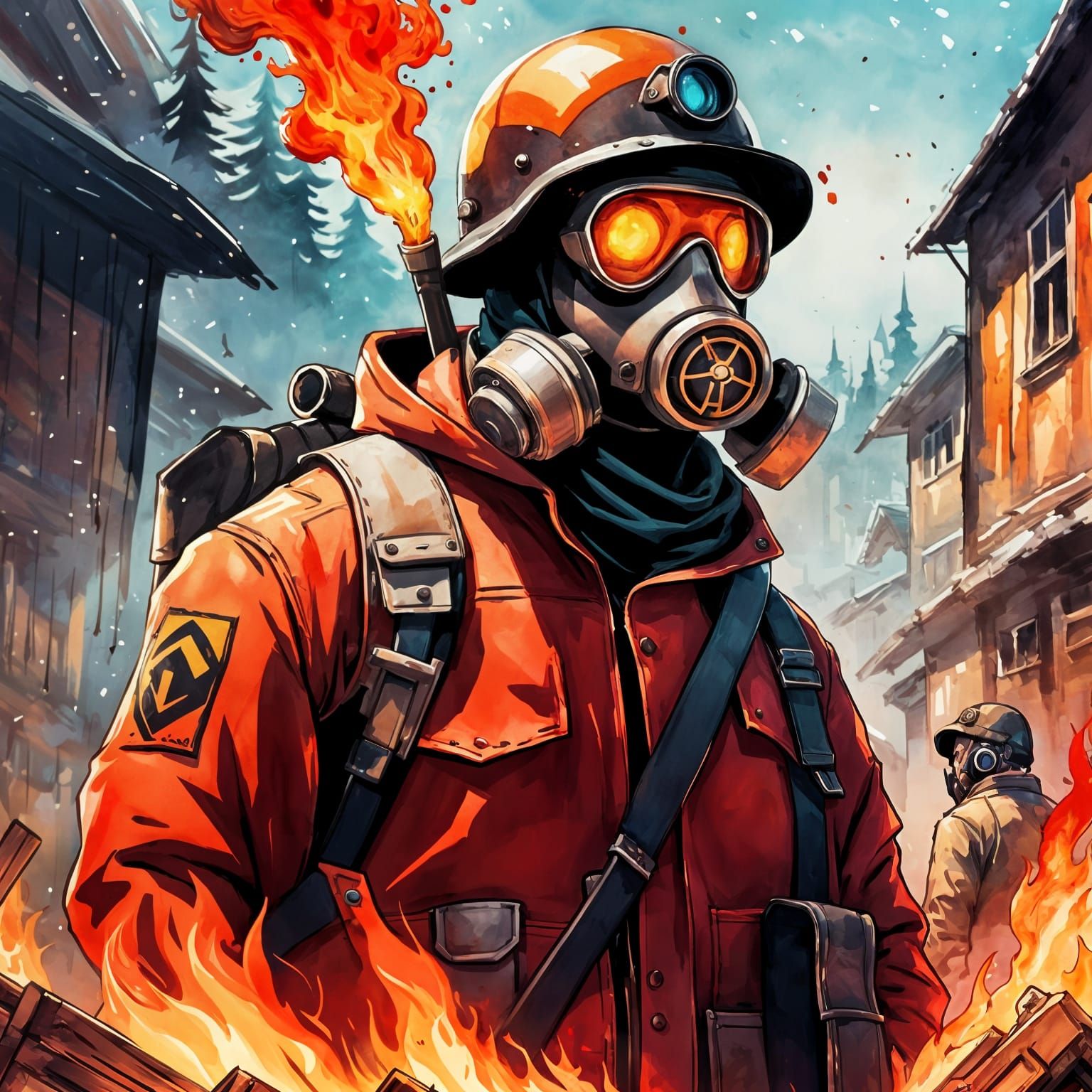 Team Fortress 2 Pyro Portrait in Watercolor