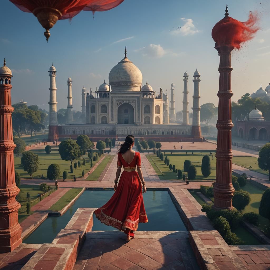 Woman in Red Dress at the Taj Mahal