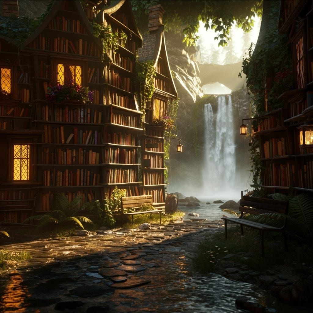 Whimsical Literary Village in a Dreamlike Setting