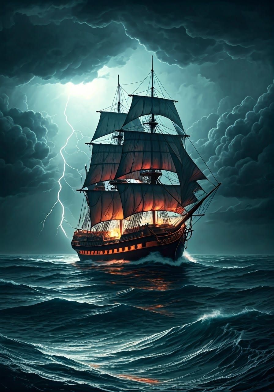 Dark Maritime Epic: Sailing Ship in Stormy Night