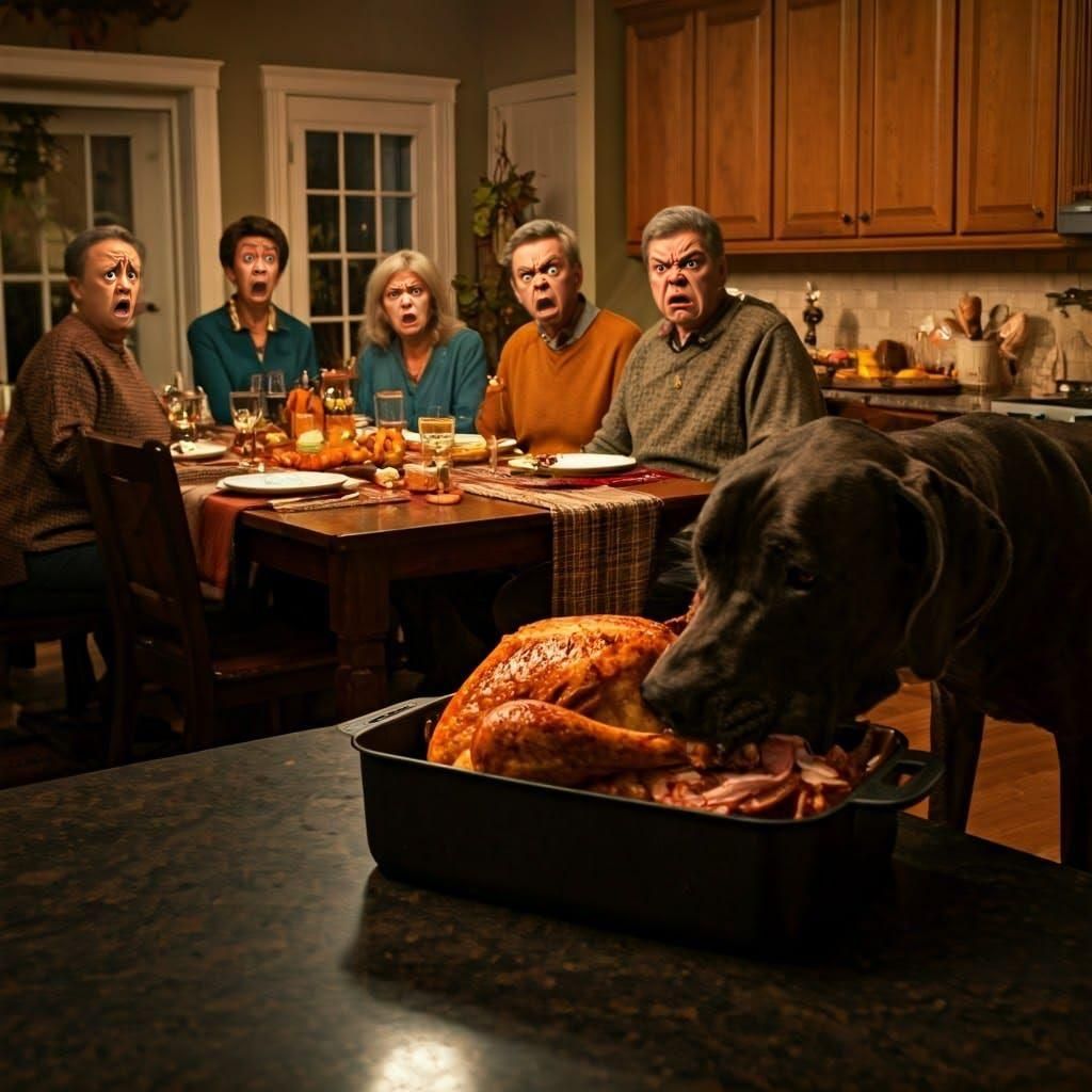 Humorous Thanksgiving Photo Bomb with Great Dane