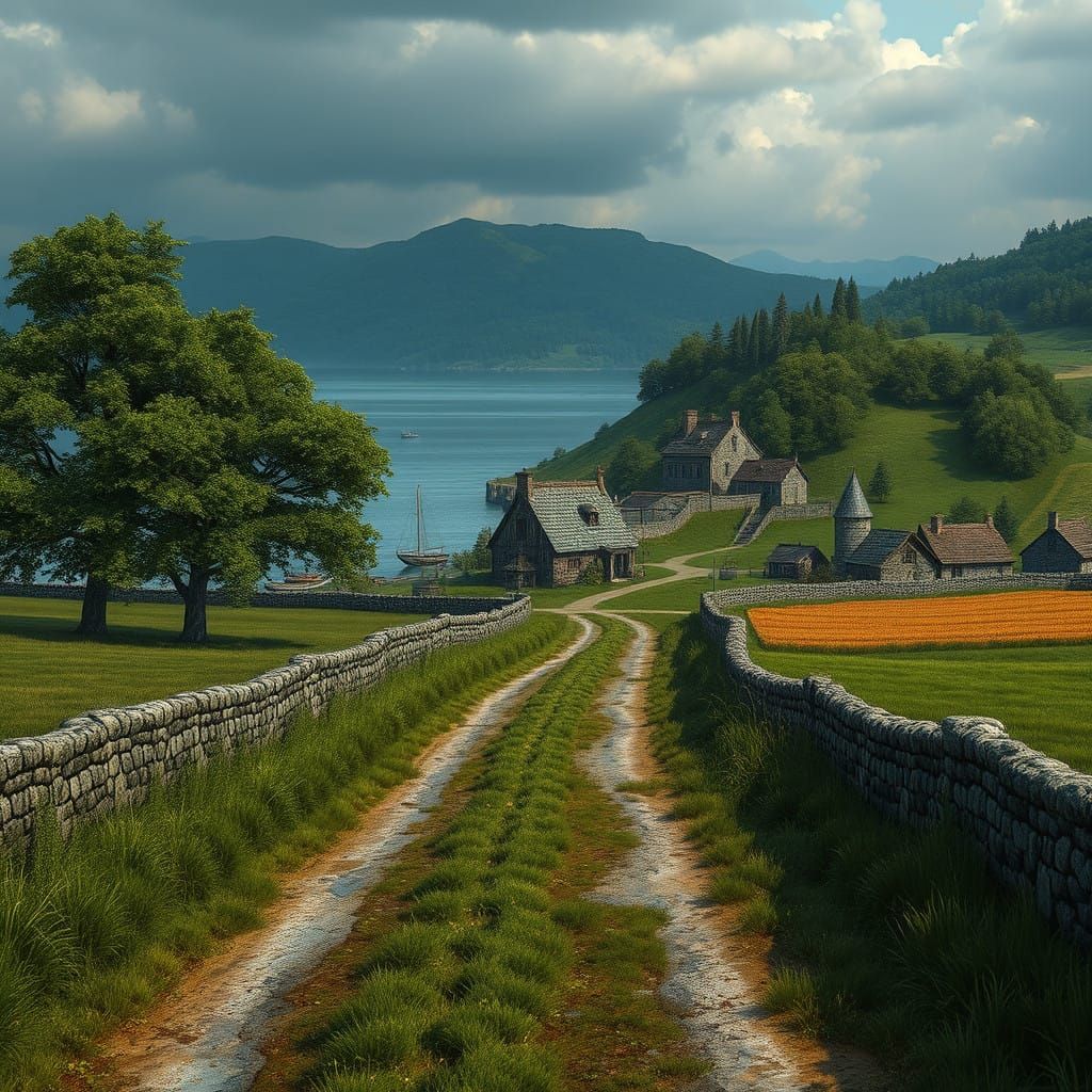 Medieval Road to Serene Lakefront Village