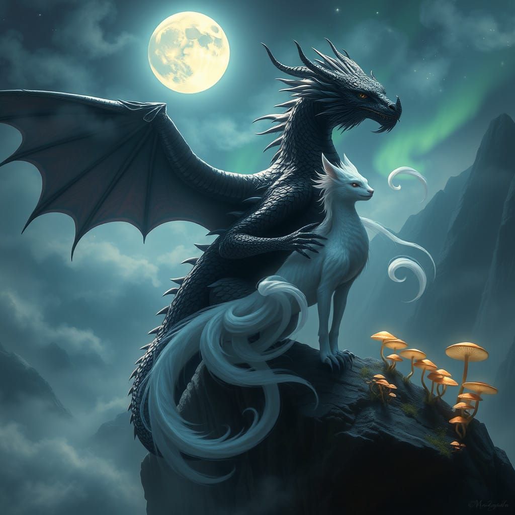 Majestic Black Dragon Guards His White Kitsune Lover Under M...