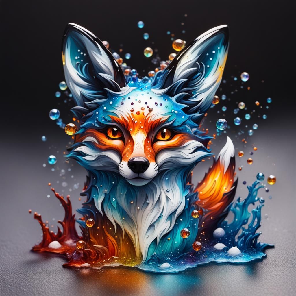 Glass Fox Graffiti Art with Gems, Splash Art Style