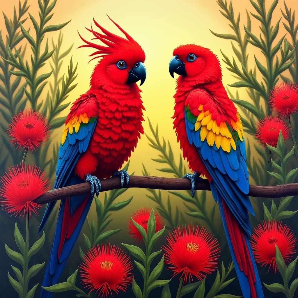 Rosella Parrots in Bottlebrush: Vibrant Street Art