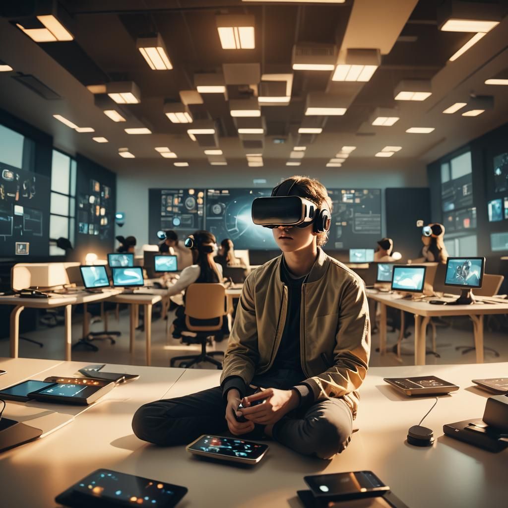 Futuristic Classroom: Student Immersed in Virtual Reality