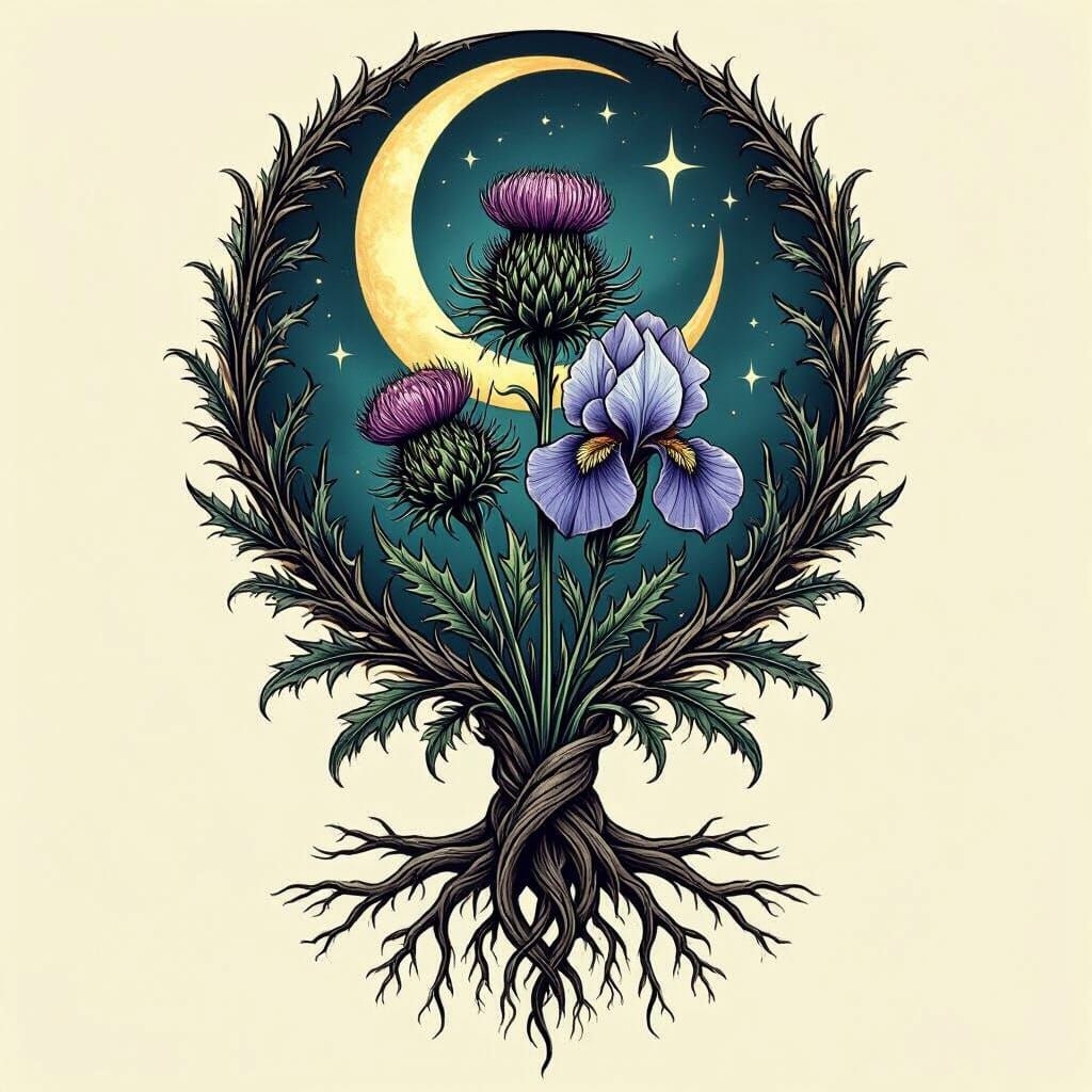 Mystical Tattoo Art of Thistle and Iris with Moon