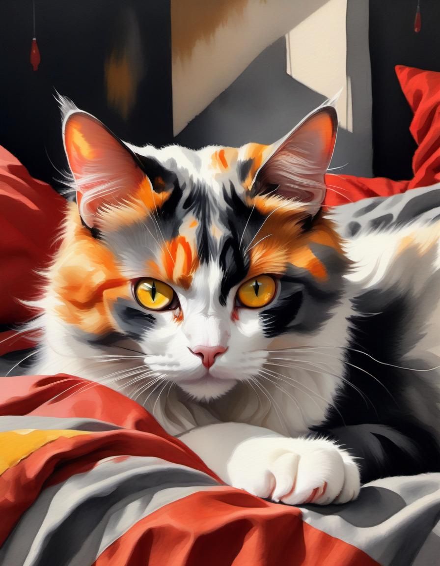 Calico Cat on Red Bed in Watercolor Style