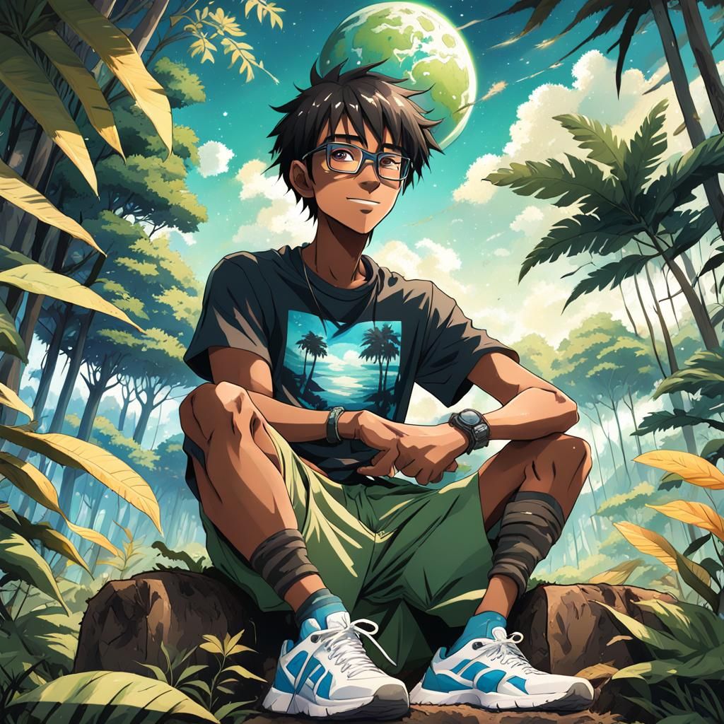 Anime Teen in Jungle Paint, Earth View
