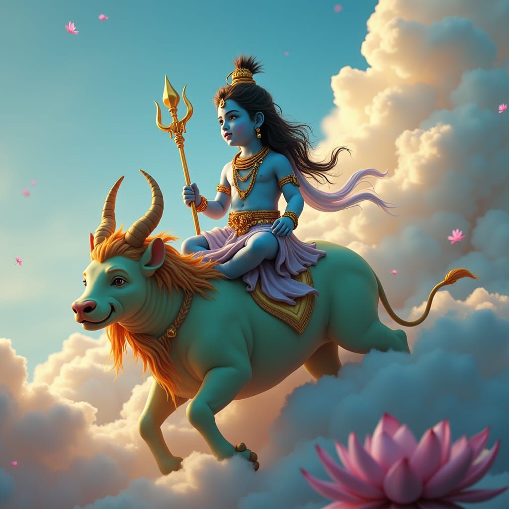 Baby Shiva and Nandi in Ethereal Fantasy Art