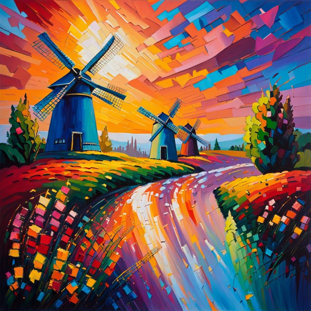 Windmills in Multicolored Sunrise: Neo-Impressionist Oil Pai...
