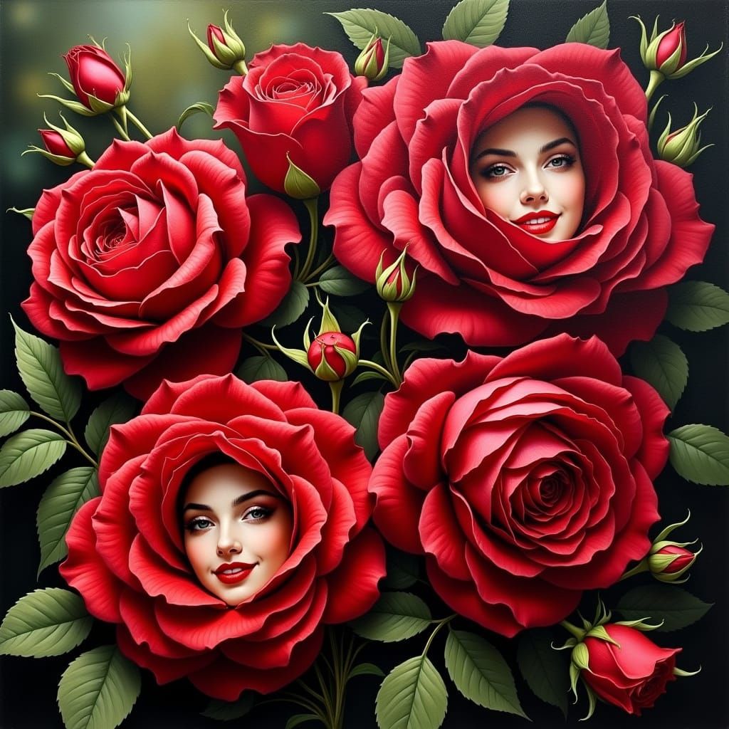 Hyperreal Roses with Faces as Oil Painting