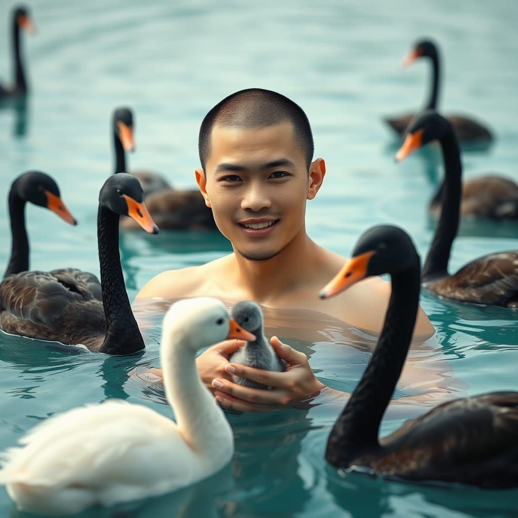 Majestic Swimmer with Cygnet in Crystalline Lake