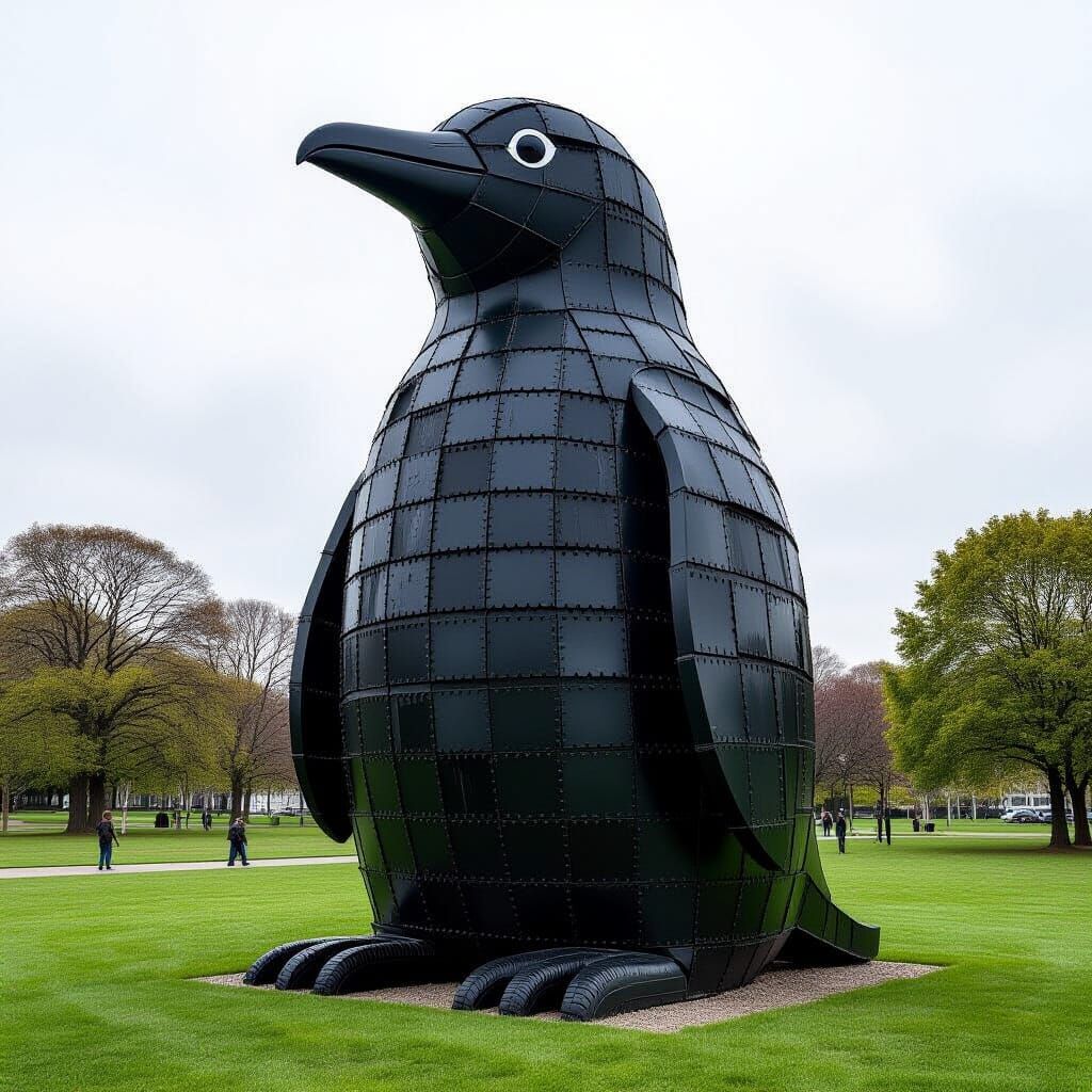 Giant Tire Penguin Sculpture in Industrial Reuse Style