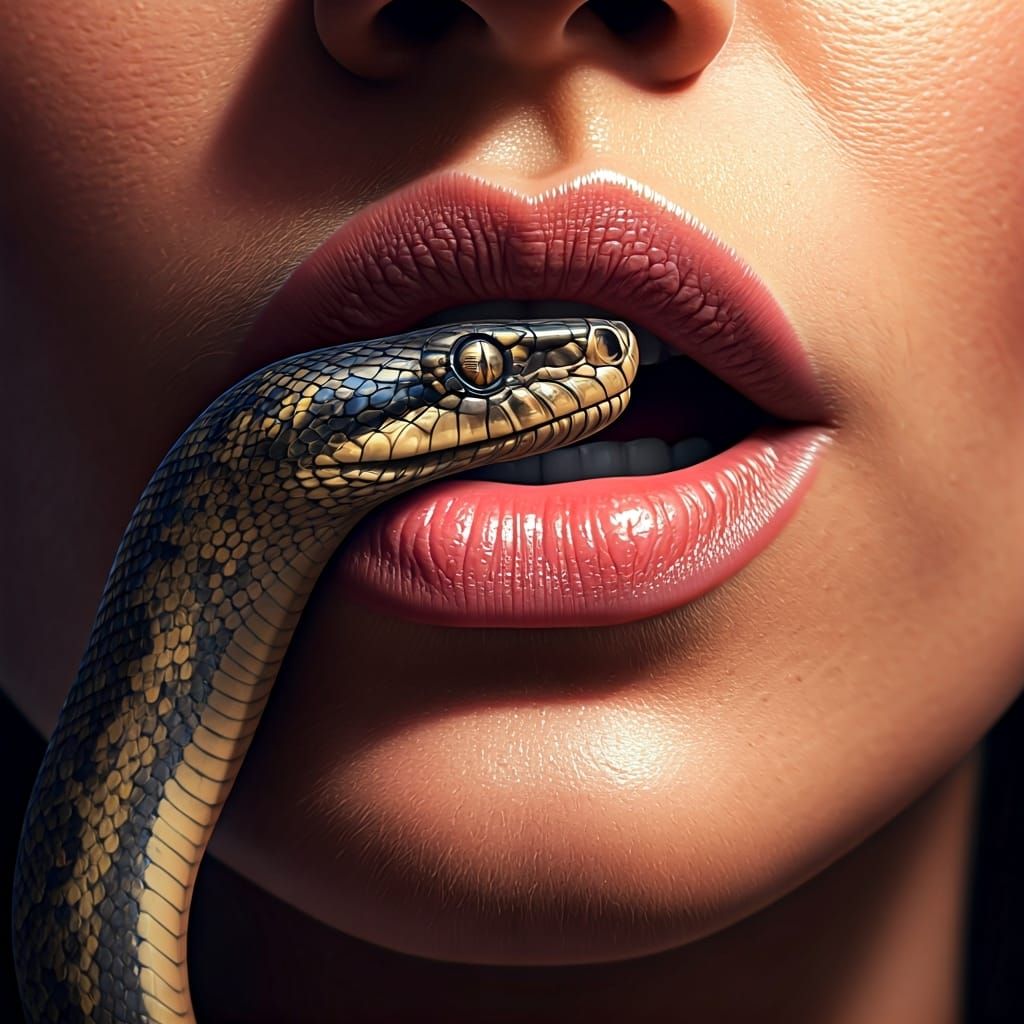 Snake Emerges from Woman's Mouth: Hyperrealistic Close-up
