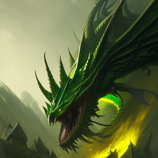 Green and Yellow Dragon in Dark Fantasy Style