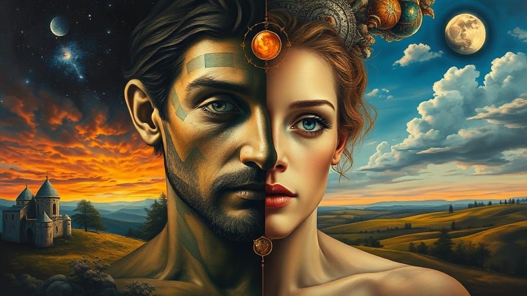 Surreal Split-Scene Oil Painting of Duality