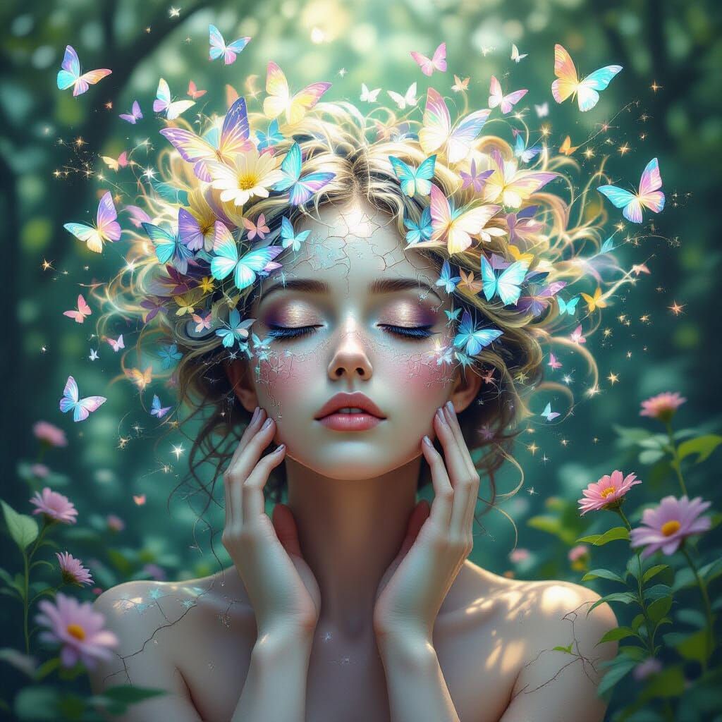 Surreal Forest Nymph Dissolving into Fractal Butterflies