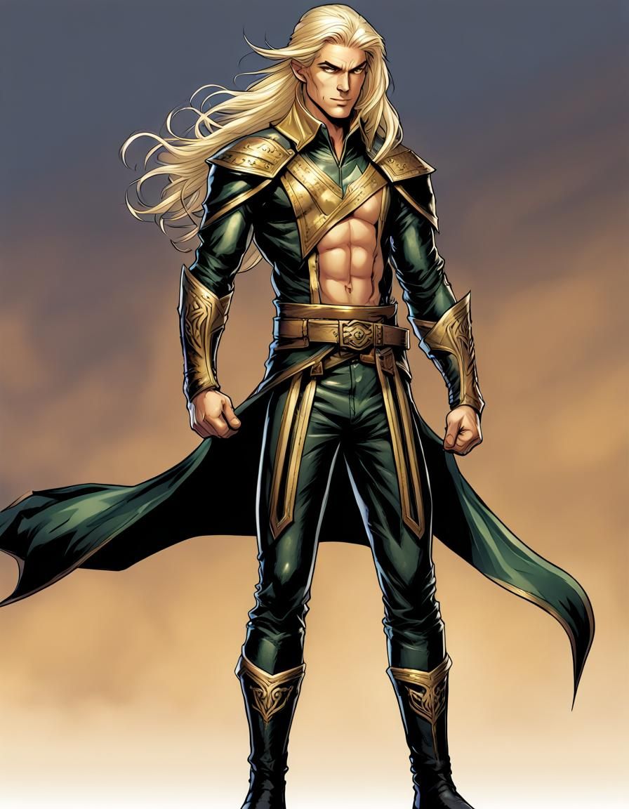 full body elf male ranger with black and gold leather clothes. long blond hair