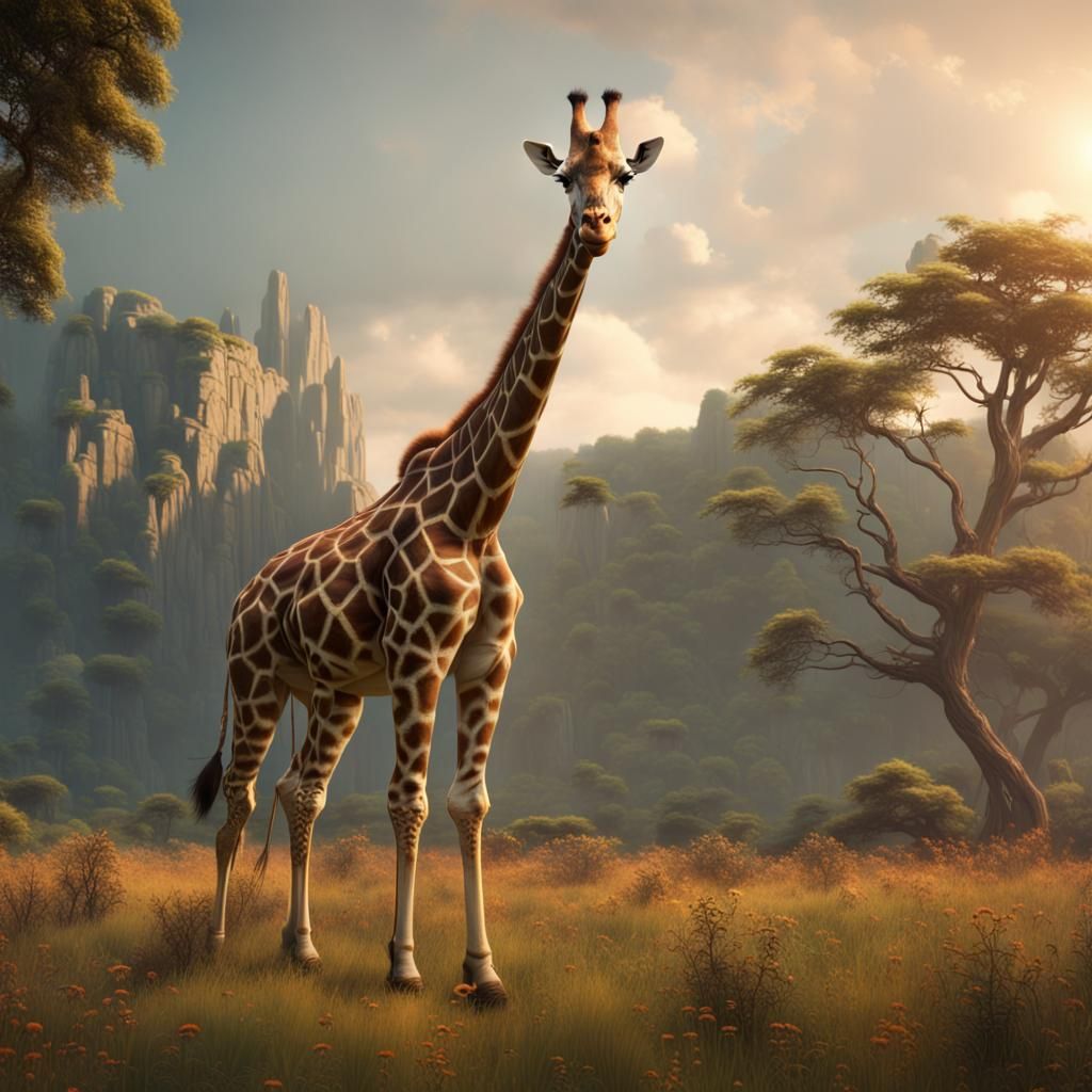 Giraffe in Meadow: Detailed Matte Painting